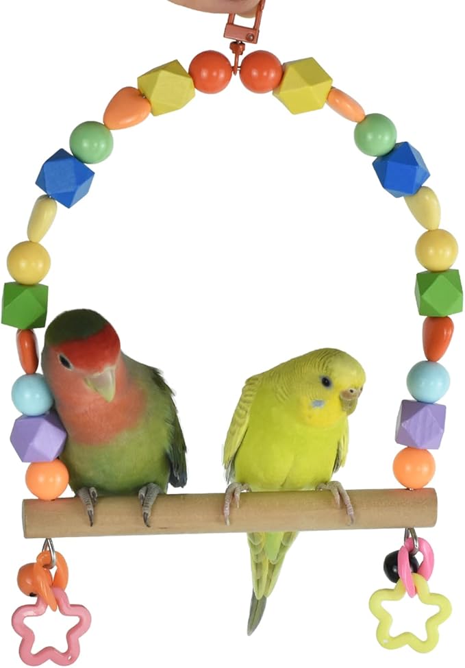 Wooden Bird Swings for Large Parrots, Cockatiel Perch Parakeet Swing Hanging Birdcage Stands Playground Play Gyms Accessories Colorful Beads Climbing Toy for Lovebirds Conures Budgies