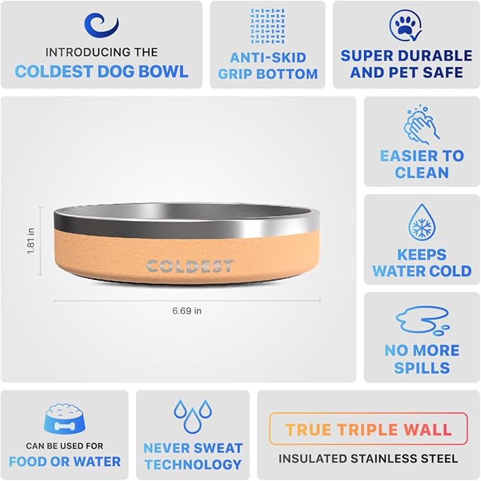 Coldest Dog Bowl - Anti Rust Metal & Non Slip Dog Bowls Large, Spill Proof Heavy Duty 3 Layers Insulated Dog Bowl - Food and Water Bowl for Dogs, Cats & Pets, Dishwasher Safe (21 oz, Sahara Tan)