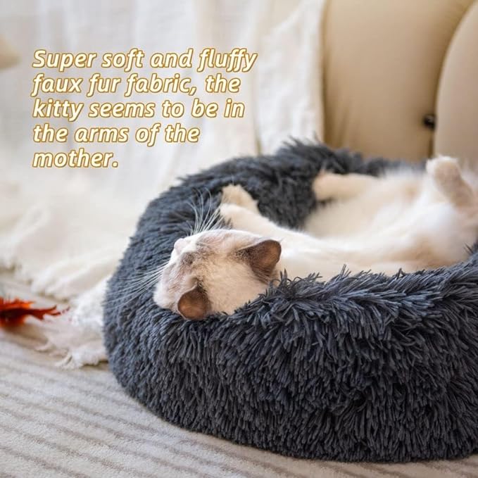 Cat Beds for Indoor Cats - Large Cat Bed Washable 24 inches, Dog Beds for Small Medium Dogs, Anti Anxiety Round Fluffy Plush Faux Fur Cat Bed,Thick Bottom Pet Bed