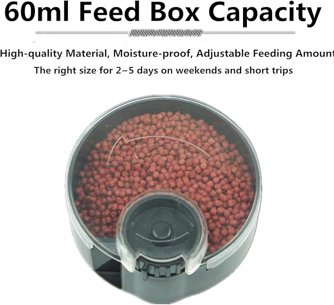 Automatic Fish Feeder for Aquarium, Small Auto Fish Feeder Dispenser for Mini Tank and Pond, Suitable for Flakes and Pellets, Battery Operated, Battery NOT Included - Black