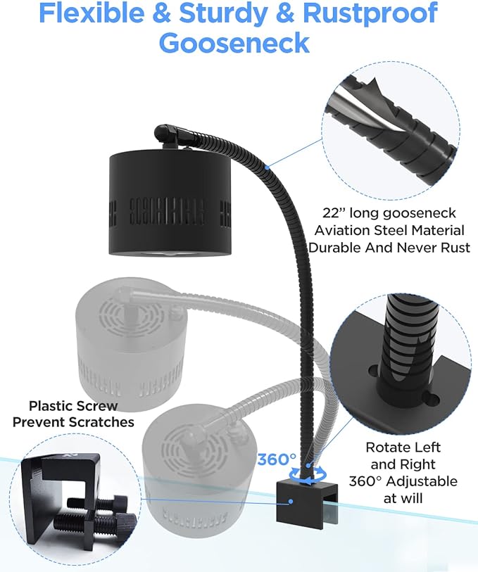 Lominie Aquarium LED Light 10 Gallon Fish Tank Light Timer Clip on Aquarium Light Full Spectrum 80W 6500k for Freshwater Refugium Cube Tank with Gooseneck