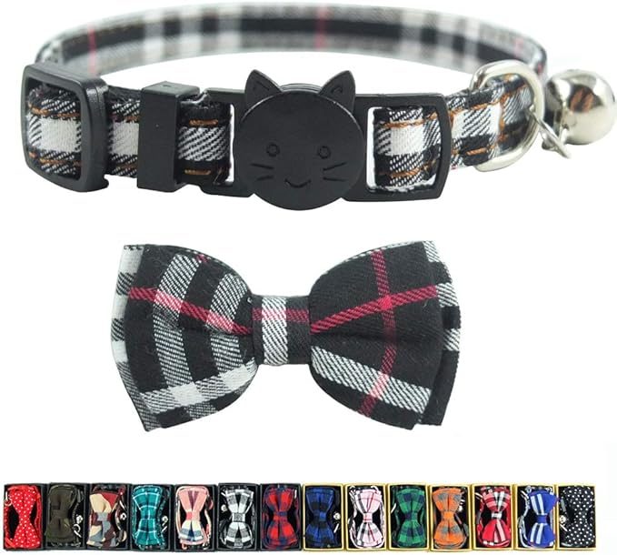 Cat Collar Breakaway with Bell and Bow Tie, Plaid Design Adjustable Safety Kitty Kitten Collars(6.8-10.8in) (Black Plaid 2)