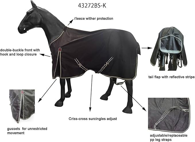 600Denier Waterproof and Breathable Horse Sheet Rip-Stop Turnout Rain Sheet Horse Blanket with Removable Leg Straps