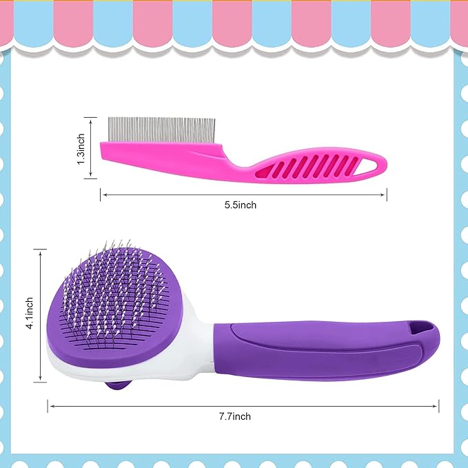 Cat Brushes for Indoor Cats, Dog Brush for Shedding with Metal Cat Comb, Self Cleaning Pet Hair Brush with Release Button for Grooming Kitten(Purple)