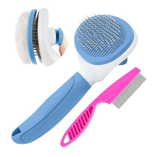 Cat Brushes for Indoor Cats, Dog Brush for Shedding with Metal Cat Comb, Self Cleaning Pet Hair Brush with Release Button for Grooming Kitten(Blue)