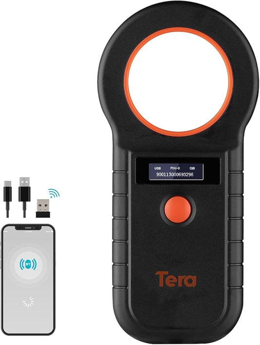 Tera Portable Pet Microchip Scanner - Works with Bluetooth 2.4G Wireless Wired USB Animal Tag Reader with OLED Display Screen Rechargeable Data Storage EMID FDX-B(ISO11784/85) for Pet W90D