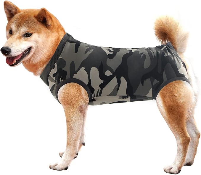 Dog Recovery Suit Abdominal Wound Puppy Surgical Clothes Post-Operative Vest Pet After Surgery Wear Substitute E-Collar & Cone(S, Camouflage)