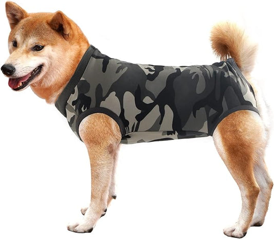 Dog Recovery Suit Abdominal Wound Puppy Surgical Clothes Post-Operative Vest Pet After Surgery Wear Substitute E-Collar & Cone(XL, Camouflage)