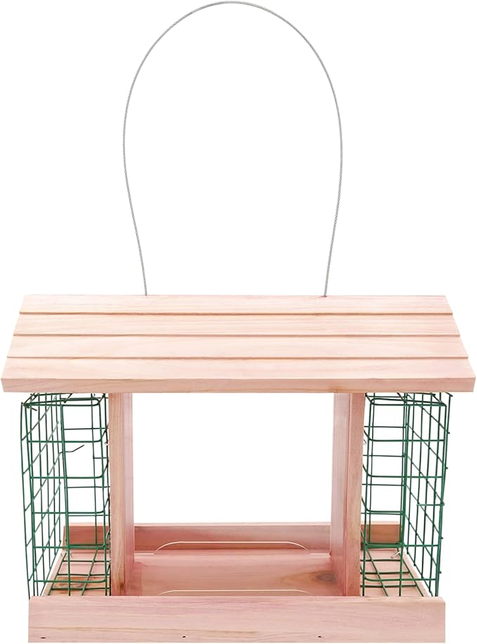 Wooden Bird Feeders for Outdoor Hanging, Large Capacity Handmade Wildbird Feeder for Outside Yard Patio Hanging with Double Suet Holder Cages, Waterproof and Durable, Pink