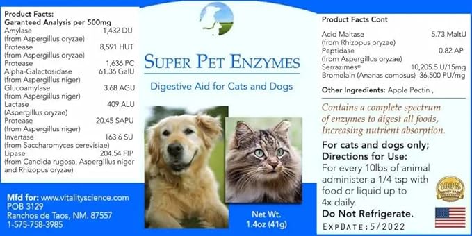 All Natural Super Pet Enzymes for Cats | Complete Spectrum of Digestive Enzymes | Helps Cat Diarrhea, Constipation, Digestion, Allergy & Immunity