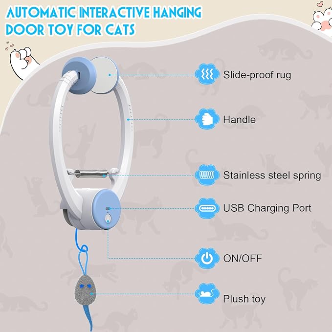 Cat Toy Interactive for Indoor Cats, Smart USB Rechargeable Door Hanging Automatic Retractable Kitten Toys, Teaser Electronic Self Play Feather Cat String Toys Attached with 3 Catnip Mice White