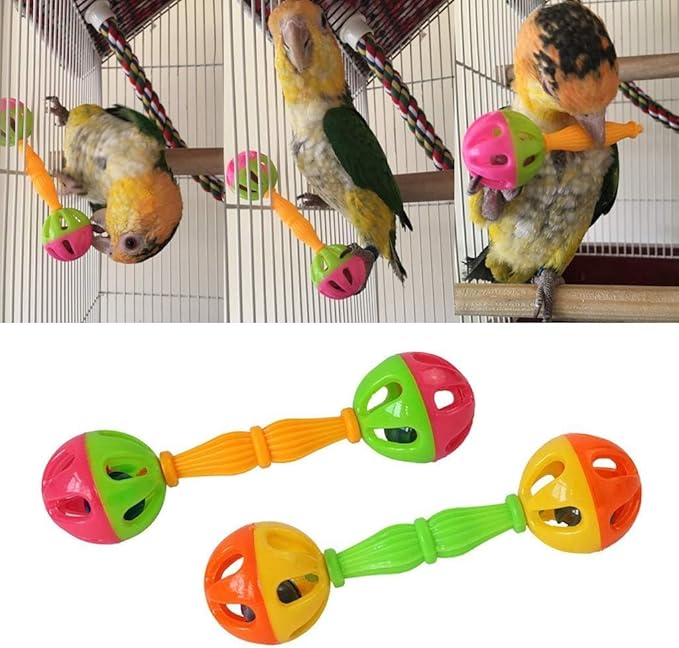 2Pcs Multi-Color Bird Parrot Toy Rattle Birds Fun Exercise Plastic Double-Headed Bell Pet Toys Dumbell Foot Toy Small and Medium Birds Foraging Foot Toy Bird Toys