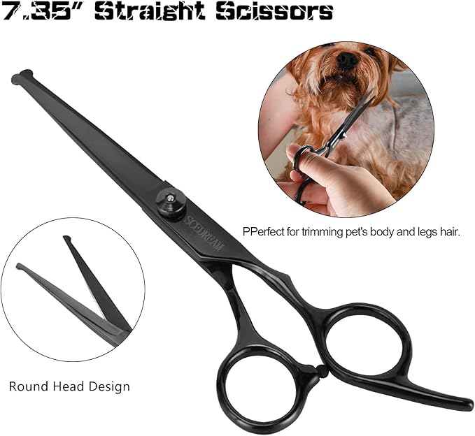 Dog Grooming Scissors Kit with Safety Round Tips, Professional 6 in 1 Grooming Scissors for Dog, Cats, Pets, 4CR Stainless Steel, Sharp and Durable