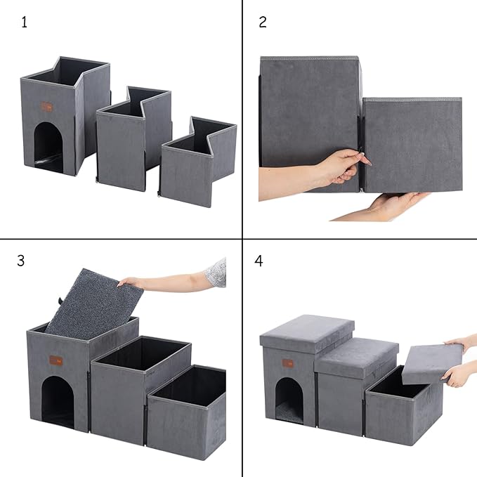 Dog Stairs with Storage and Condo, 3-Step Dog Steps for High Bed, Sofa and Car, Folding Pet Srairs for Puppy, Small Dogs and Cats, Grey