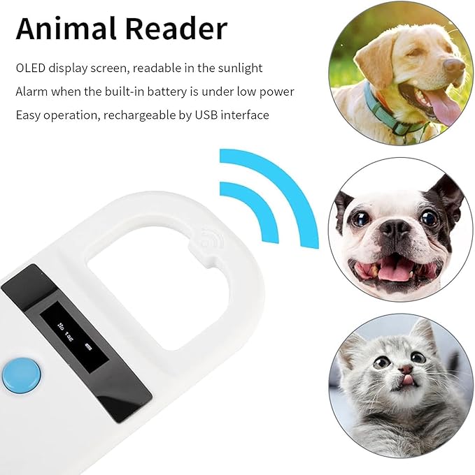 Microchip Reader, Rechargeable Pet RFID EMID Micro Chip Reader Scanner 134.2kHz 125kHz 15 Digits Supports FDXB (ISO11784 / 11785) for Dogs Cats Pigs Animal (White)