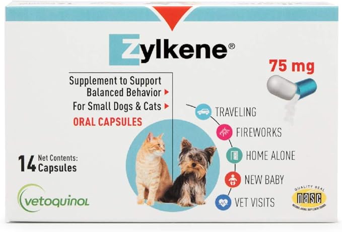 Vetoquinol Zylkene Calming Support Supplement for Small Dogs and Cats, Helps Promote Relaxation and Reduce External Stress Factors, Daily Behavioral Support and Anxiety Relief for Dogs and Cats, 75mg