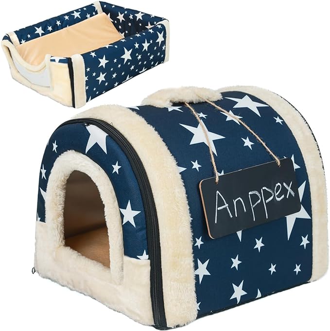 ANPPEX Small Dog House Indoor,2 in 1 Washable Covered Dog Cat Bed,Insulated Cozy Pet Dog Igloo Cave,M Size for Cats and Puppies,Blue