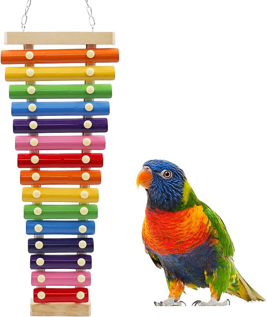 Large Colorful Bird Xylophone Toy, Suspensible Funny Xylophone Toy with 15 Metal Keys, Bird Cage Toy Accessories for Chicken Bird Parrot Parrot Parakeet Budgies Love Birds