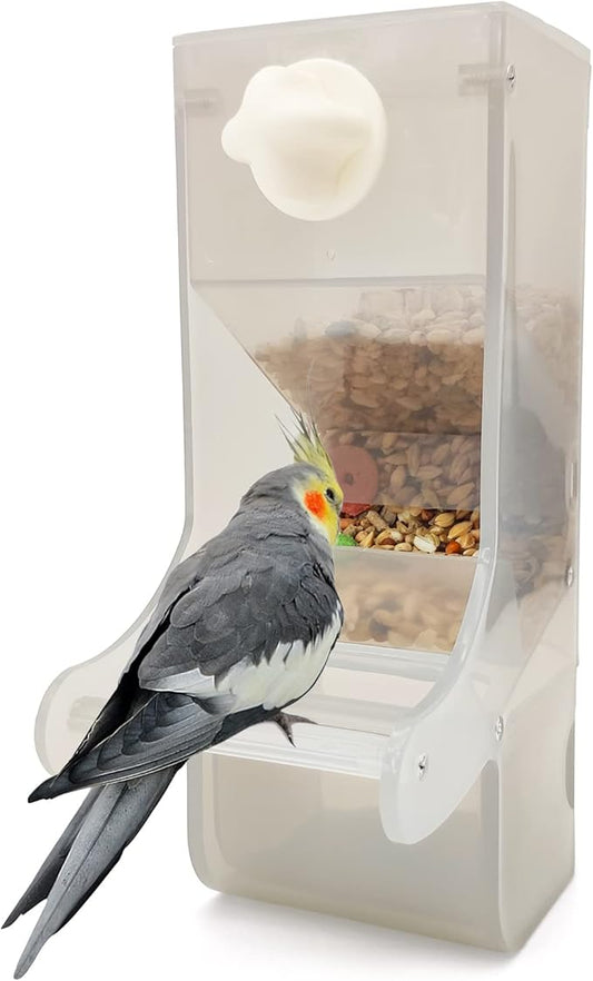 Hamiledyi Parrot Automatic Feeder No Mess Bird Feeder for Cage Parakeet Seed Food Container Plastic Lovebirds Cage Accessories for Small Conures Budgies Canary Finches(Gray)