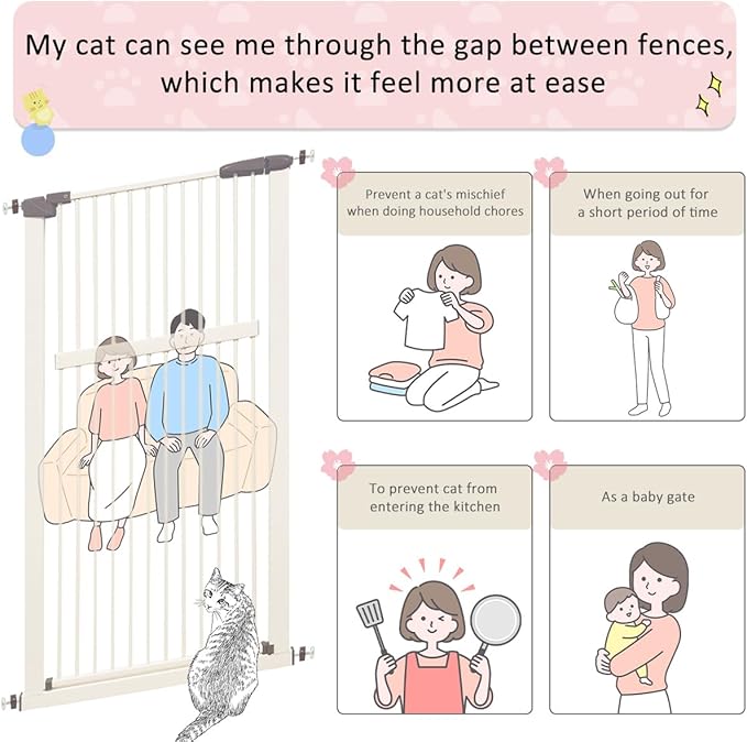 Extra Tall Pet Gate 55.12" High Pressure Mounted 55.12"-59.24" Extra Wide (9 Sizes) 1.37" Gap for Cat Dog Children Stairs Doorway Hallway No Drilling Auto-Close (55.12"-59.24", Cream White)
