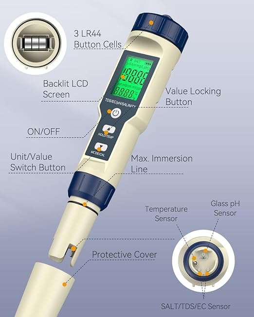 Pawfly Pool Salt Tester & pH Meter, 5 in 1 pH Salinity TDS EC & Temperature Meter, Digital Salinity Tester TDS Meter for Swimming Pool Drinking Water Aquarium Hot Tub Saltwater & Spa
