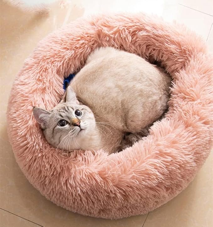 Cat Beds for Indoor Cats - Large Cat Bed Washable 24 inches, Dog Beds for Small Medium Dogs, Anti Anxiety Round Fluffy Plush Faux Fur Cat Bed, Thick Bottom (Large, Pink)