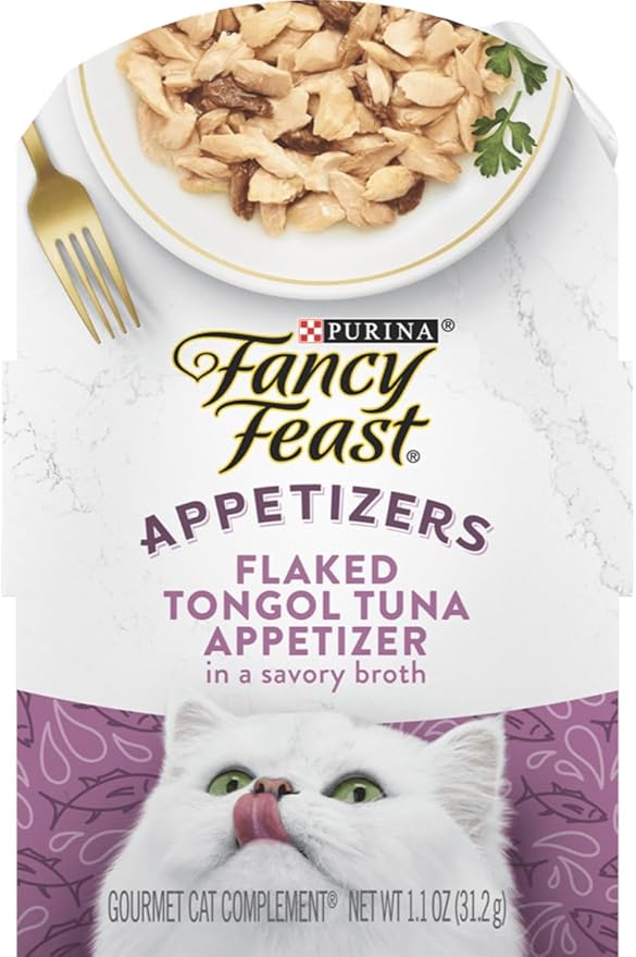 Fancy Feast Appetizers for Cats Variety Pack/2 of each-12 Total/Chicken, Tuna, Salmon, Ocean Fish/Bundle includes-100% Bonito Fish Flakes Topper & Catnip Ball Toy