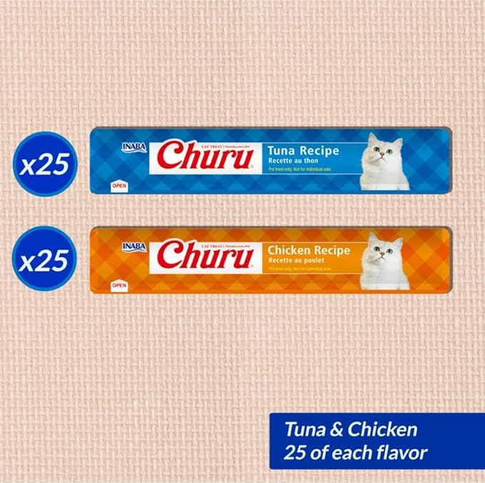 INABA Churu Cat Treats, Grain-Free, Lickable, Squeezable Creamy Purée Cat Treat/Topper, 25 Tuna & 25 Chicken