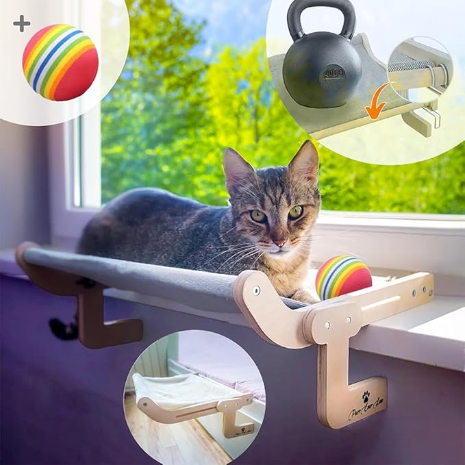 Cat Hammock for Window, Bedside, Adjustable Wooden Cat Perch with Canvas & Wool Mats, Double-Reinforced Side, Easy Assembly & Installation, Up To 40lbs Capacity, Includes Ball Toy for Pets