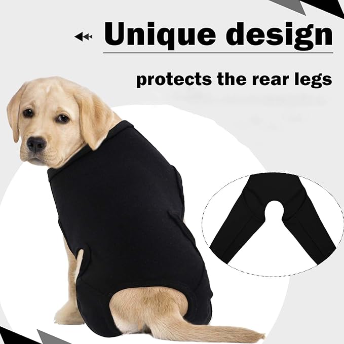 ROZKITCH Dog Surgery Recovery Sleeve Rear Right Left Leg, Pet Prevent Licking Wound Elbow Brace Protector, Dog Recovery Suit Cone Collar Alternative for Sprain ACL CCL Arthritis Joint Care Black 3XL