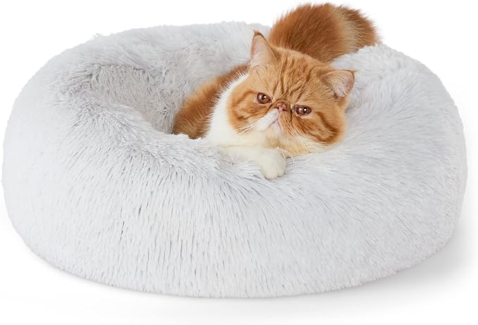 Bedsure Calming Cat Beds for Indoor Cats - Small Cat Bed Washable 20 inches, Anti Anxiety Round Fluffy Plush Faux Fur Pet Bed, Fits up to 15 lbs Pets, Frost Grey