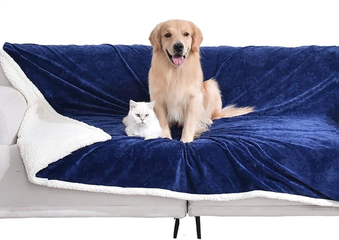 Qeils Dog Blankets for Large Dogs - Waterproof Cat Blanket Washable - Sherpa Fleece Puppy Blanket, Soft Plush Reversible Throw Protector for Bed Couch Car Sofa, 60"X80", Navy Blue