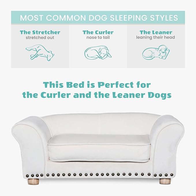 Critter Sitters 34-in. Faux Velvet Dog Couch in Cream for Medium-Sized Dogs and Cats, Modern and Durable Indoor Dog Sofa for Bedroom or Living Room, Comfortable and Easy to Clean Upholstered Dog Beds