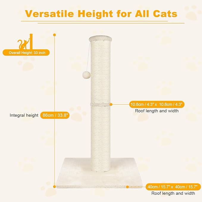 Cat Scratching Post 34 inch Mid, Nature Sisal Cat Scratch Post for Indoor Cats, Large Cat Scratcher Protect Your Furniture, for All Breeds, White