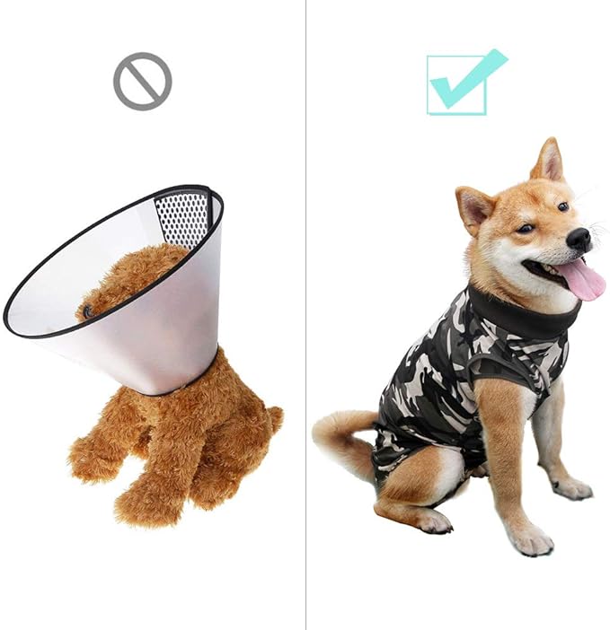 Dog Recovery Suit Abdominal Wound Puppy Surgical Clothes Post-Operative Vest Pet After Surgery Wear Substitute E-Collar & Cone(S, Camouflage)