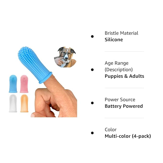 Jasper Dog Toothbrush - 360º Finger Tooth Brush Kit Ergonomic Design, Full Surround Bristles for Easy Teeth Cleaning, Dental Care for Puppies, Cats and Small Pets, 4-Pack Multi-Colored