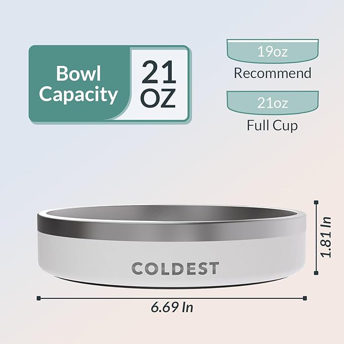 Coldest Dog Bowl - Anti Rust Metal & Non Slip Dog Bowls Large, Spill Proof Heavy Duty 3 Layers Insulated Dog Bowl - Food and Water Bowl for Dogs, Cats & Pets, Dishwasher Safe (21 oz, Epic White)