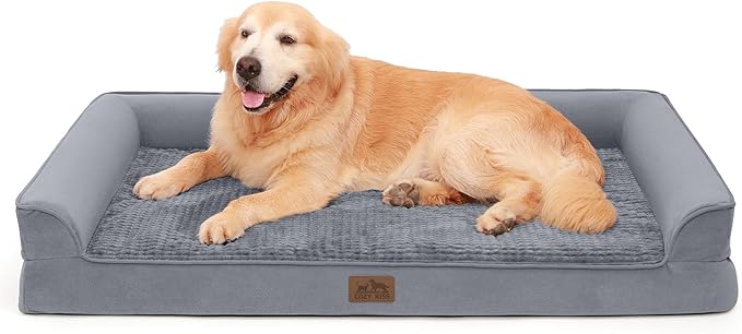 Orthopedic Dog Beds for Extra Large Dogs, Waterproof Memory Foam XXL Dog Bed with Sides, Non-Slip Bottom and Egg-Crate Foam Big Dog Couch Bed with Washable Removable Cover, Grey (U-shaped)