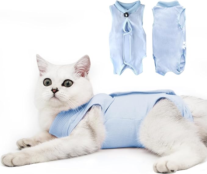 Cat Recovery Suit for Male and Female Surgical Post Surgery Soft Cone Onesie Shirt Clothes Neuter Licking Protective Diapers Outfit Cover Kitten Spay Collar(L, Blue)