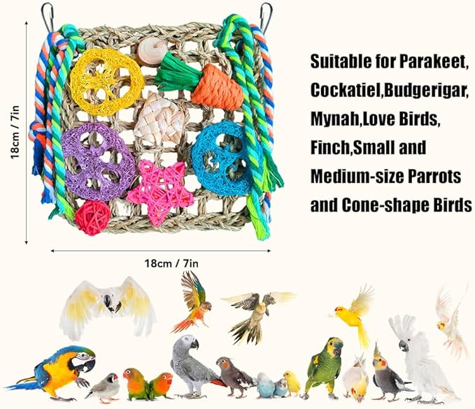 Parrot Toys, 2 Pcs Foraging Shredding Seagrass Wall for Birds, Seagrass Woven Climbing Hammock Mat with Colorful Chewing Toys for Lovebirds, Parakeets, Budgerigars, Conure, Cockatiel