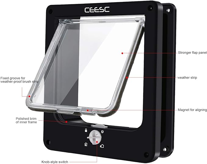 CEESC Cat Doors, Magnetic Pet Door with Rotary 4 Way Lock for Cats, Kitties and Kittens (Medium, Black)