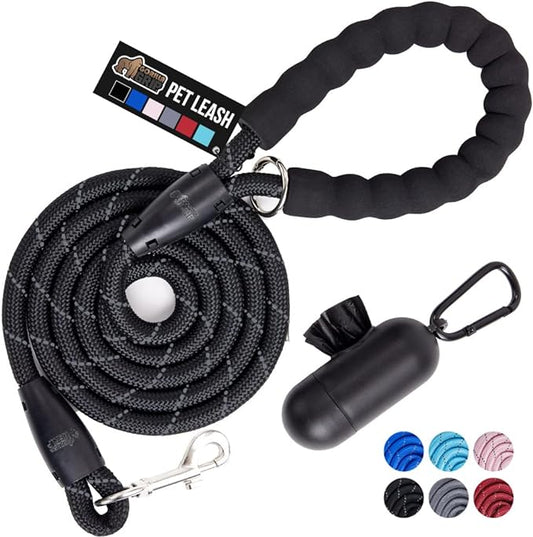 Gorilla Grip Heavy Duty Dog Leash, Soft Handle, Strong Reflective Rope for Night Pet Walking Small Medium Large Animals, Durable Puppy Training Leashes, Rotating Metal Clip, Waste Bag Dispenser, Black