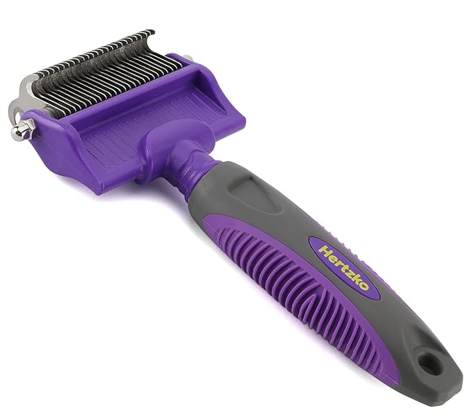 Hertzko Double-Sided Dog & Cat Dematting Comb: Pet Grooming Tool for Removing Loose Undercoat, Mats, and Tangled Hair - Doodle Dematting Comb, Self-Cleaning (Purple)