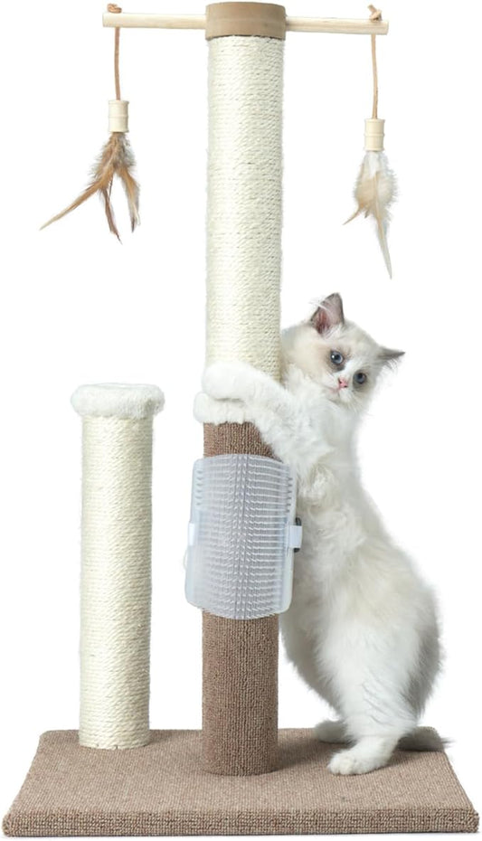 Cat Scratching Post 30in Tall Sisal Carpet Vertical Scratch Posts for Indoor Cats and Kittens,with Hanging Ball and Bursh Beige