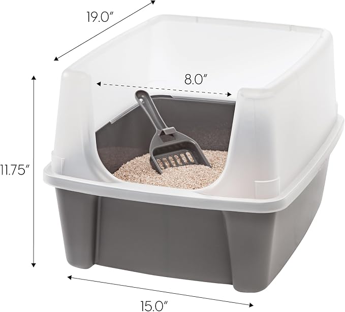 IRIS USA Large Cat Litter Box with Scatter Shield and Scoop, Open Top High Sided Cat Litter Pan, Gray