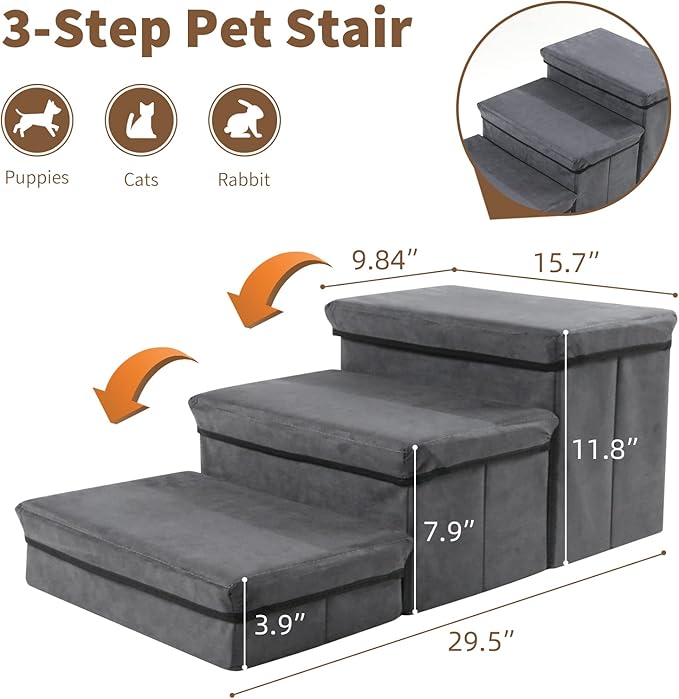 Foldable Dog Stairs/Steps 3-Tier Pet Steps Storage and Adjustable Steps for Small Medium Dogs Pet Steps Storage Stepper for High Beds Sofa Pet Dog Cat