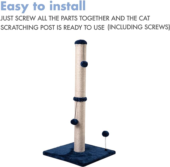 34“ Tall Cat Scratching Post Premium Basics Kitten Scratcher Sisal Scratch Posts Trees with Hanging Ball for Indoor Cats (34 inches for Adult Cats, Navy)