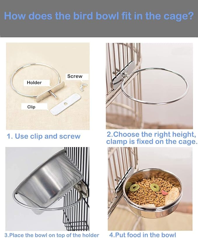 HERCOCCI Bird Feeder Dish Cup, Stainless Steel Parrot Food Bowl Feeding Coop Cups Clamp Holder, Bird Water Cage Bowl for Parakeet Lovebird Conure Cockatiel Budgie Chinchilla (5 Pieces)