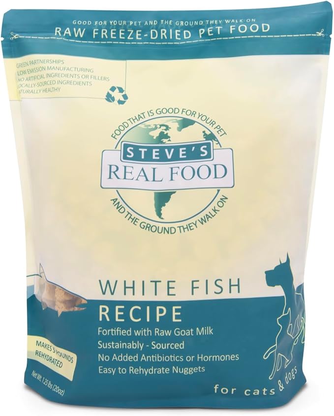 Steve's Real Food Freeze-Dried Raw Food Diet for Dogs and Cats, White Fish Recipe, 1.25 lbs in Each Bag, Made in The USA, Pour and Serve Nuggets, Sustainably Sourced