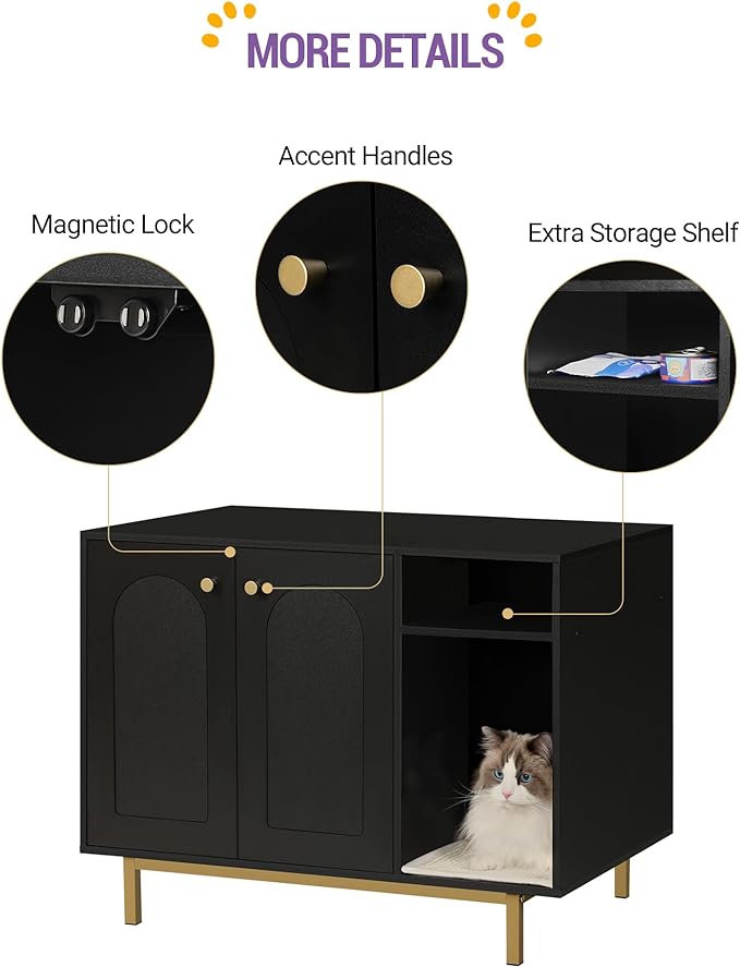 Cat Litter Box Enclosure, Hidden Litter Box Furniture, Wooden Pet House Side End Table, Storage Cabinet Bench for Living Room, Bedroom, 31.5 x 19.7 x 23.9 inches, Black and Gold CB01504G